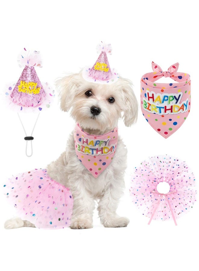 Mordely Dog Birthday Bandana with Hat and Dress Girl Set, Puppy Birthday Party Supplies, Cute Pink Tutu Skirt Outfit for Small Medium Large Dogs - Image 1